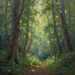 An oil painting of an intensely beautiful forest in the morning; rays of light coming through the canopy; trending on artstation; extraordinary masterpiece!!!!!!