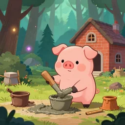 a cartoonish cute anthropomorphic pig is mixing cement near a construction site of a brick house in a mystical forest full of wonders, pine trees, magical atmosphere, trending on artstation, 3 0 mm, by noah bradley trending on artstation, deviantart, high detail, stylized portrait h 1 2 8 0