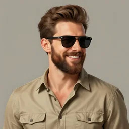 handsome man smiling with a beard wearing sunglasses and a khaki shirt, Mark Edward Fischbach, intricate, highly detailed, digital painting, artstation, concept art, smooth, sharp focus, illustration, gta v cover art, Unreal Engine 5, 8K, art by artgerm and greg rutkowski and alphonse mucha