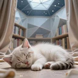 cute sleeping kittens in a polygonal library walls and glass ceilings showing the stars and hanging silk drapery and tapestries, light dust, magnificent, close up, details, sharp focus, elegant, highly detailed, illustration, by Jordan Grimmer and greg rutkowski and PiNe(パイネ) and 薯子Imoko and 香川悠作 and wlop and maya takamura, intricate, beautiful, Trending artstation, pixiv, digital Art