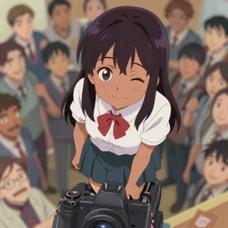 anime cell shaded, anime girl with tanned skin, wearing a school outfit looking down at camera, winking at camera from the top, looking towards the camera, standing on top of the camera looking down, wlop, ilya kuvshinov, artgerm, krenz cushart, greg rutkowski, hiroaki samura, range murata, james jean, katsuhiro