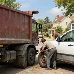 a dump truck helping another car fix a flat tire in a nice town, hyper realistic, extremely detailed, raytracing, art by artgerm, greg rutkowski and alphonse mucha, artstation, octane render