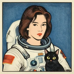 woodblock print, a half upper portrait of a young beautiful sigourney weaver from the movie alien, wearing a space suit and a cat. by shin hanga and kawanabe kyosai and kawase hasui in the style of cory loftis and rossdraws and wlop and jung gi kim, realistic, bold outline, 2 d, rule of thirds