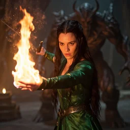 epic photo of young jessica biel as beautiful wizard wearing a green satin robe and metal belt in lord of the rings with long straight black hair fighting the terrifying monstrous balrog in the mines of moria, casting a fire spell, sweaty, detailed eyes, neutral expression, shallow depth of field, photorealistic, cinematic lighting, lovely bokeh, dungeon setting, dark moody light, strong rim light, movie quality, fire light, flames, inferno, lord of the rings 1 9 8 5, movie still