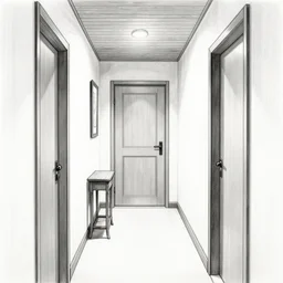 hallway of my house, doors, side table, symmetrical composition, detailed, line drawing, no - shadow, black and white, by makoto shinkai takashi takeuchi studio ghibli, akihiko yoshida