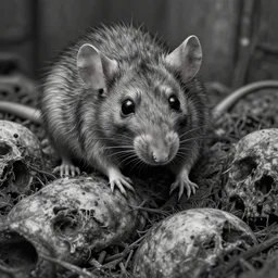 zombified rat face on top of pile of dead bodies, greyscale, fine lines, complex, detailed