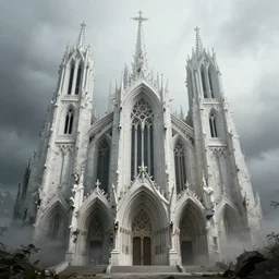 concept art of a white bone biopunk art nouveau cathedral, exterior architecture, sharp focus, hyper detailed, hyperrealism, volumetric, by daytoner daniel hahn, unreal engine 5, ominous, misty, dramatic lighting, cinematic, 8 k