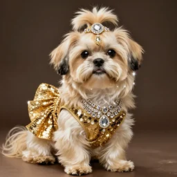 cream - colored havanese dog in a sexy gold sequined dress, wearing modern ostentatious diamond jewelry and an ornate golden headpiece, with lots of glittering light, dramatic pose, in the style of a dave lachapelle poster, private press