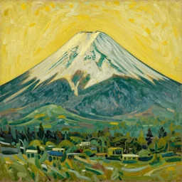the Fuji Mountain by Van Gogh, oil painting, yellow and green scheme