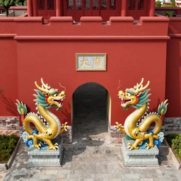 two chinese dragon statues in front of a red fortress, digital art, shot from a birds eye camera angle