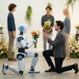 a robot kneels with flowers to propose marriage by brian sumand gerald brom and tomer hanuka