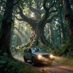 detailed intricate digital landscape illustration by greg rutkowski and artgerm and wlop and sanford robinson gifford ; 1 9 8 8 vehicle, glowing headlights, yggdrasil forest thick trees ; 1 3 mm film still, wide angle arri alfa anamorphic lens, motion blur ; sharp focus, soft evening lighting with gleaming sun rays ; trending on artstation 4 k
