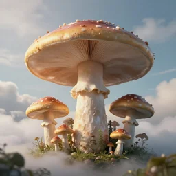 a giant mushroom covers a whole kingdom and reaches above the clouds. intricate. lifelike. soft light. sony a 7 r iv 5 5 mm. cinematic post - processing