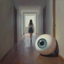 a painting of a girl walking in a hallway and suddenly finds a giant human eyeball on the floor blocking her way, artstation
