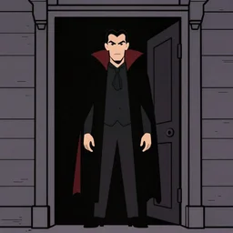 digital portrait of Count Dracula standing in a darkened doorway, cover art of graphic novel, simple style, solid colors, clean lines, clean ink, trending on artstation,