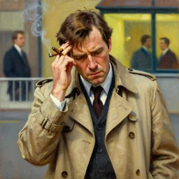 homicide detective columbo ( peter falk ) in his messy trenchcoat, smoking a cigar while rubbing his head thinking. 1 9 8 0 s oil painting in the style of edward hopper and ilya repin gaston bussiere, craig mullins, j. c. leyendecker. warm colors. detailed and hyperrealistic. concept art