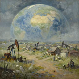 a small town for the last remaining humans on the planet oil painting