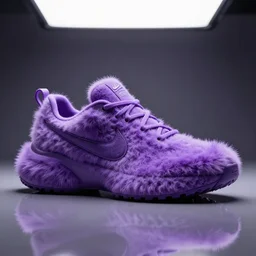 futuristic nike shoe made of very fluffy purple faux fur placed on reflective surface, professional advertising, overhead lighting, heavy detail, realistic by nate vanhook, mark miner