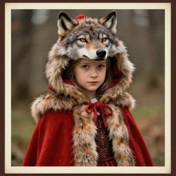 little red riding hood wearing a luxurious fur coat with a wolf head hood, vintage Halloween postcard