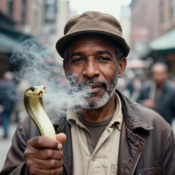 closeup portrait of a snake oil salesman in a smoky new york back street, photograph, magazine, press, photo, Steve McCurry and David Lazar