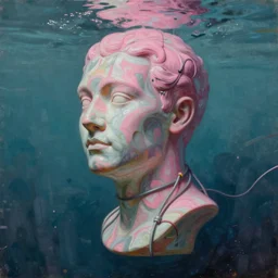 Sandra Chevrier, floating vaporwave marble head bust, award winning masterpiece with incredible details, Zhang Kechun, a surreal vaporwave vaporwave vaporwave vaporwave vaporwave painting by Thomas Cole of a floating old pink mannequin head with cables and wires coming out of it's neck, sinking underwater, highly detailed