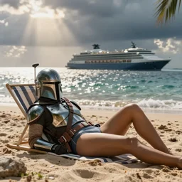 mandalorian in a swimsuit relaxing on beach with a cruise ship in the background