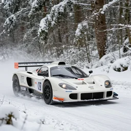 a 1 9 9 7 mclaren f 1 gtr, racing through a rally stage in a snowy forest
