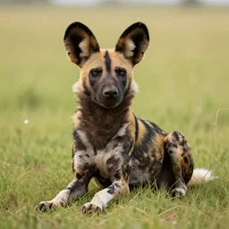 an african wild dog sitting on its belly, front legs out on the african plains, friendly, long grass, sparkling water, glistening, hyper realistic, hyper detailed, digital art, trending in artstation, cinematic lighting, studio quality, smooth render, unreal engine 5 rendered, octane rendered, by paul lehr