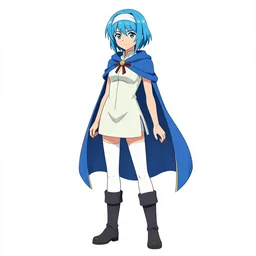 a blue-haired traveller, alchemist girl, short hair, wearing a headband, short pale tunic and white stockings, high boots, azure cape, anime character; full body art, in the Japanese fantasy videogame; character concept art; trending on artstation, clean lineart, vector line art, clean, by Ilya kuvshinnikov