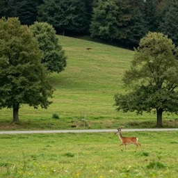 The landscape of a green hilly forest somewhere in Germany, a country road is visible, through which a deer runs, ultra detailed