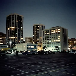 a sprawling building complex seen from a dark parking lot in los angeles at night. 1 9 9 0 photo by james cameron. urban photography