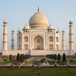 tajmahal at evening with zebras