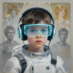 future coder looking on, age 3 5, glowing visor over eyes and sleek neon headphones, neon accents, desaturated headshot portrait painting by donato giancola, dean cornwall, rhads, tom whalen, alex grey, alphonse mucha, astronaut cyberpunk electric fashion photography