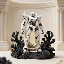 perfume bottle standing in a miniature biomechanical black enchanted coral kingdom made of corals, mushrooms, puffballs, rhizomorphs in an ivory room well contoured smooth fair walls, up close shot, sharp focus, global illumination, radiant light, alexandre ferra white mecha, irakli nadar, octane highly render, 4 k, ultra hd,