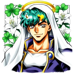 a jojo's bizarre adventure manga artstyle colorful sketch : Jolyne Cujoh, smiling with her mouth shut, not looking at the camera, with a saint aureola, black and white, wearing a veil, shamrocks and lilies in the background by by hirohiko araki shonen jump, crisp details, realistic, featured on Artscape