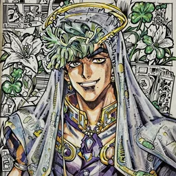 a jojo's bizarre adventure manga artstyle colorful sketch : Jolyne Cujoh, smiling with her mouth shut, not looking at the camera, with a saint aureola, black and white, wearing a veil, shamrocks and lilies in the background by by hirohiko araki shonen jump, crisp details, realistic, featured on Artscape