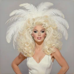 texas showgirl, big hair, feathers, 1 9 6 0 s, oil painting, pale colors, high detail, 8 k, wide angle, trending on artstation