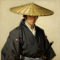 full character of a samurai with a bamboo hat, character design, painting by gaston bussiere, katsuya terada, nc wyeth, greg rutkowski, craig mullins, vermeer, frank frazetta, mucha, tom of finland, trending on artstation, jeffery catherine jones