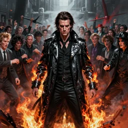 nick cave as sandman from dc comics fighting a large crowd, black trenchcoat with fire design details, specular highlights, global ilumination, scary atmospheric lighting, sharp focus, vivid color scheme, hyper realistic digital painting fantasy art by cristian sauret, greg rutkowski, lee bermejo, artgerm, makoto shinkai and clay mann
