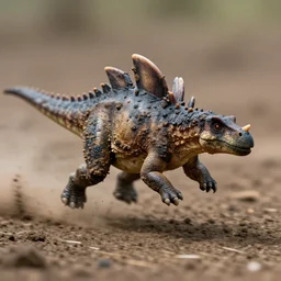 action photography, long shot, award winning macro photo of an ultra detailed intricate muddy tiny stegosaurus running very fast on mud, dirt and dust, fast shutter speed, motion blur, tiny gaussian blur, highly detailed, highly intricate, depth of field, national geographic
