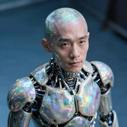 high quality 35mm photo very expressive pearlescent! chinese man exoskeleton highly detailed eric zener elson peter cinematic blue lighting high angle hd 8k sharp shallow depth of field