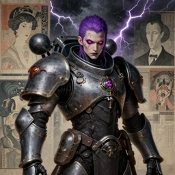 portrait of gothic and futuristic young mainem, warhammer, cyber armor, a lot of scars, thunderstorm, purple head, heart pink eyes, the middle ages, highly detailed, artstation, in the style of moebius, jugendstil and classic japanese print, art by rene magritte, jean delville