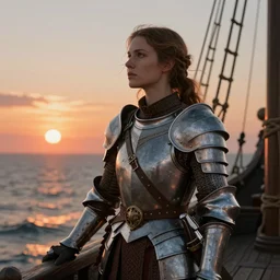 portrait of a woman medieval ship pilot on a ship looking into the sunset on the sea, wearing breastplate, hair in side part, digital art, bokah, high fantasy art style