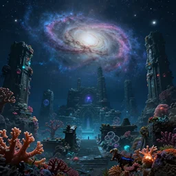 deep ocean galaxy, ancient ruins, city, overgrown coral, luminescent