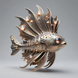angler fish sculpture, stylized layered shapes, long flowing fins, bioluminescent orbs, glowing eye, intricate, highly detailed, lifelike, smooth, sharp focus, art by h r giger