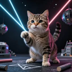 cinematic portrait of a cute cat in space, neon lasers, chalk, masterpiece, trending on artstation, featured on pixiv, cinematic composition, dramatic pose, beautiful lighting, sharp details, hyper - detailed, hd, hdr, 4 k, 8 k, art by basil gogos