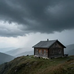 an old wooden house on top of a mountain. stormy weather. with a light fog. with a view of the horizon. dark cloudy sky. light rain. real photo. photo. award winning photography. photorealistic.