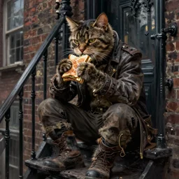 character portrait of a rugged catman sitting down on a fire escape eating a sandwich in gothic london, gothic, john singer sargent, muted colors, moody colors, illustration, digital illustration, amazing values, art by j. c. leyendecker, joseph christian leyendecker, william - adolphe bouguerea, graphic style, dramatic lighting, gothic lighting