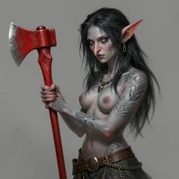 tattooed female goblin with grey skin, holding a red woodsman axe, pointy nose, lanky, d & d, fantasy, highly detailed, digital painting, trending on artstation, concept art, sharp focus, illustration, global illumination, shaded, art by artgerm and greg rutkowski and fuji choko and viktoria gavrilenko and hoang lap
