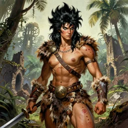 Muscular 23-year-old warrior girl wearing barbarian caveman pelt, cavewoman, pelt, battle scars, scars, electrified hair, wild spiky black Saiyan hair, primeval jungle, palm trees, ruined buildings, 1987 pulp art, illustration by Frank Frazetta, hyper-detailed, ultra-detailed
